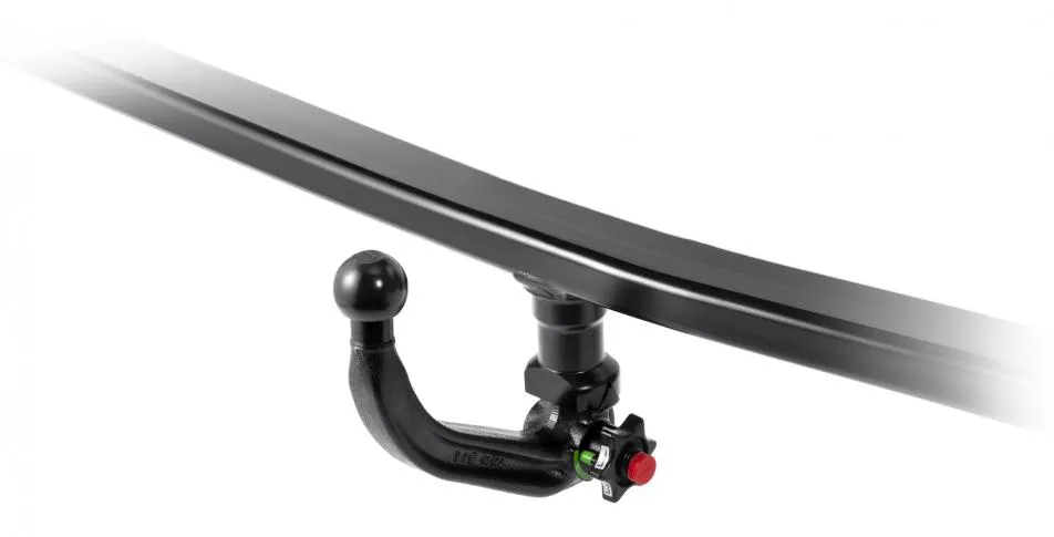 A detachable swan neck towbar fitted beneath a vehicle's rear bumper